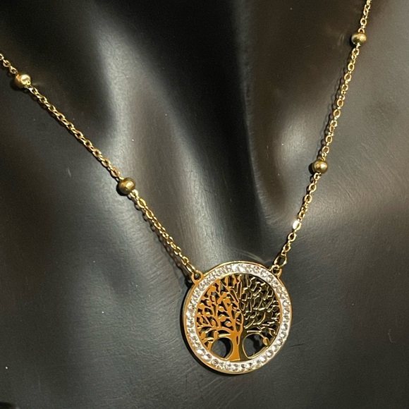 Tree Of Life Golden Necklace Earrings Set With Zirconia. Stainless Steel - Picture 8 of 10